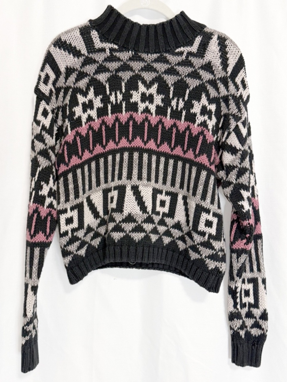 Vintage 90s Y2K Geometric Knit Sweater Pink Black Ramie Cotton Cropped